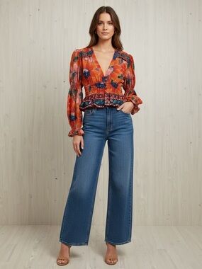 NWT Farm Rio Tropical Floral Sheer Ruffle Peplum Blouse Size Small
